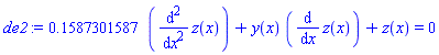 .1587301587*(diff(diff(z(x), x), x))+y(x)*(diff(z(x), x))+z(x) = 0