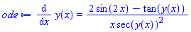 diff(y(x), x) = (2*sin(2*x)-tan(y(x)))/(x*sec(y(x))^2)