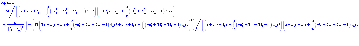 u(x, y, z, t) = 24/((x+l[1]*y+l[1]*z+Int(-k[1]^2+2*l[1]^2-2*l[1]-1, _z1 = 0 .. t))*(x+l[2]*y+l[2]*z+Int(-k[2]^2+2*l[2]^2-2*l[2]-1, _z1 = 0 .. t))-6/(l[1]-l[2])^2)-12*(2*x+l[2]*y+l[2]*z+Int(-k[2]^2+2*l[2]^2-2*l[2]-1, _z1 = 0 .. t)+l[1]*y+l[1]*z+Int(-k[1]^2+2*l[1]^2-2*l[1]-1, _z1 = 0 .. t))^2/((x+l[1]*y+l[1]*z+Int(-k[1]^2+2*l[1]^2-2*l[1]-1, _z1 = 0 .. t))*(x+l[2]*y+l[2]*z+Int(-k[2]^2+2*l[2]^2-2*l[2]-1, _z1 = 0 .. t))-6/(l[1]-l[2])^2)^2