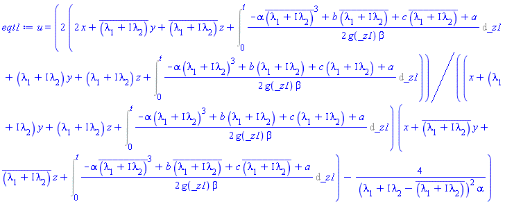 u(x, y, z, t) = 2*(2*x+conjugate(lambda[1]+I*lambda[2])*y+conjugate(lambda[1]+I*lambda[2])*z+Int((1/2)*(-alpha*conjugate(lambda[1]+I*lambda[2])^3+b*conjugate(lambda[1]+I*lambda[2])+c*conjugate(lambda[1]+I*lambda[2])+a)/(g(_z1)*beta), _z1 = 0 .. t)+(lambda[1]+I*lambda[2])*y+(lambda[1]+I*lambda[2])*z+Int((1/2)*(-alpha*(lambda[1]+I*lambda[2])^3+b*(lambda[1]+I*lambda[2])+c*(lambda[1]+I*lambda[2])+a)/(g(_z1)*beta), _z1 = 0 .. t))/((x+(lambda[1]+I*lambda[2])*y+(lambda[1]+I*lambda[2])*z+Int((1/2)*(-alpha*(lambda[1]+I*lambda[2])^3+b*(lambda[1]+I*lambda[2])+c*(lambda[1]+I*lambda[2])+a)/(g(_z1)*beta), _z1 = 0 .. t))*(x+conjugate(lambda[1]+I*lambda[2])*y+conjugate(lambda[1]+I*lambda[2])*z+Int((1/2)*(-alpha*conjugate(lambda[1]+I*lambda[2])^3+b*conjugate(lambda[1]+I*lambda[2])+c*conjugate(lambda[1]+I*lambda[2])+a)/(g(_z1)*beta), _z1 = 0 .. t))-4/((lambda[1]+I*lambda[2]-conjugate(lambda[1]+I*lambda[2]))^2*alpha))