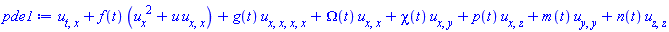diff(diff(u(x, y, z, t), t), x)+f(t)*((diff(u(x, y, z, t), x))^2+u(x, y, z, t)*(diff(diff(u(x, y, z, t), x), x)))+g(t)*(diff(diff(diff(diff(u(x, y, z, t), x), x), x), x))+Omega(t)*(diff(diff(u(x, y, z, t), x), x))+chi(t)*(diff(diff(u(x, y, z, t), x), y))+p(t)*(diff(diff(u(x, y, z, t), x), z))+m(t)*(diff(diff(u(x, y, z, t), y), y))+n(t)*(diff(diff(u(x, y, z, t), z), z))