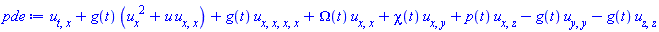diff(diff(u(x, y, z, t), t), x)+g(t)*((diff(u(x, y, z, t), x))^2+u(x, y, z, t)*(diff(diff(u(x, y, z, t), x), x)))+g(t)*(diff(diff(diff(diff(u(x, y, z, t), x), x), x), x))+Omega(t)*(diff(diff(u(x, y, z, t), x), x))+chi(t)*(diff(diff(u(x, y, z, t), x), y))+p(t)*(diff(diff(u(x, y, z, t), x), z))-g(t)*(diff(diff(u(x, y, z, t), y), y))-g(t)*(diff(diff(u(x, y, z, t), z), z))