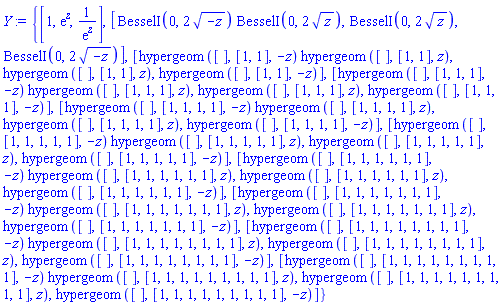 {[1, exp(z), 1/exp(z)], [BesselI(0, 2*(-z)^(1/2))*BesselI(0, 2*z^(1/2)), BesselI(0, 2*z^(1/2)), BesselI(0, 2*(-z)^(1/2))], [hypergeom([], [1, 1], -z)*hypergeom([], [1, 1], z), hypergeom([], [1, 1], z), hypergeom([], [1, 1], -z)], [hypergeom([], [1, 1, 1], -z)*hypergeom([], [1, 1, 1], z), hypergeom([], [1, 1, 1], z), hypergeom([], [1, 1, 1], -z)], [hypergeom([], [1, 1, 1, 1], -z)*hypergeom([], [1, 1, 1, 1], z), hypergeom([], [1, 1, 1, 1], z), hypergeom([], [1, 1, 1, 1], -z)], [hypergeom([], [1, 1, 1, 1, 1], -z)*hypergeom([], [1, 1, 1, 1, 1], z), hypergeom([], [1, 1, 1, 1, 1], z), hypergeom([], [1, 1, 1, 1, 1], -z)], [hypergeom([], [1, 1, 1, 1, 1, 1], -z)*hypergeom([], [1, 1, 1, 1, 1, 1], z), hypergeom([], [1, 1, 1, 1, 1, 1], z), hypergeom([], [1, 1, 1, 1, 1, 1], -z)], [hypergeom([], [1, 1, 1, 1, 1, 1, 1], -z)*hypergeom([], [1, 1, 1, 1, 1, 1, 1], z), hypergeom([], [1, 1, 1, 1, 1, 1, 1], z), hypergeom([], [1, 1, 1, 1, 1, 1, 1], -z)], [hypergeom([], [1, 1, 1, 1, 1, 1, 1, 1], -z)*hypergeom([], [1, 1, 1, 1, 1, 1, 1, 1], z), hypergeom([], [1, 1, 1, 1, 1, 1, 1, 1], z), hypergeom([], [1, 1, 1, 1, 1, 1, 1, 1], -z)], [hypergeom([], [1, 1, 1, 1, 1, 1, 1, 1, 1], -z)*hypergeom([], [1, 1, 1, 1, 1, 1, 1, 1, 1], z), hypergeom([], [1, 1, 1, 1, 1, 1, 1, 1, 1], z), hypergeom([], [1, 1, 1, 1, 1, 1, 1, 1, 1], -z)]}