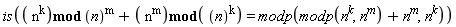 is(`mod`(`mod`(n^k, n^m)+n^m, n^k) = modp(modp(n^k, n^m)+n^m, n^k))