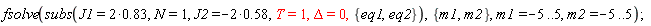 fsolve(subs(J1 = 2*.83, N = 1, J2 = -2*.58, T = 1, Delta = 0, {eq1, eq2}), {m1, m2}, m1 = -5 .. 5, m2 = -5 .. 5)