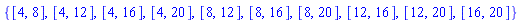 {[4, 8], [4, 12], [4, 16], [4, 20], [8, 12], [8, 16], [8, 20], [12, 16], [12, 20], [16, 20]}