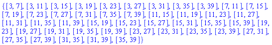 {[3, 7], [3, 11], [3, 15], [3, 19], [3, 23], [3, 27], [3, 31], [3, 35], [3, 39], [7, 11], [7, 15], [7, 19], [7, 23], [7, 27], [7, 31], [7, 35], [7, 39], [11, 15], [11, 19], [11, 23], [11, 27], [11, 31], [11, 35], [11, 39], [15, 19], [15, 23], [15, 27], [15, 31], [15, 35], [15, 39], [19, 23], [19, 27], [19, 31], [19, 35], [19, 39], [23, 27], [23, 31], [23, 35], [23, 39], [27, 31], [27, 35], [27, 39], [31, 35], [31, 39], [35, 39]}