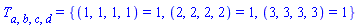 T[a, b, c, d] = {(1, 1, 1, 1) = 1, (2, 2, 2, 2) = 1, (3, 3, 3, 3) = 1}