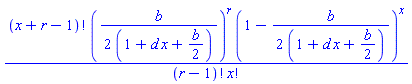 factorial(x+r-1)*((1/2)*b/(1+d*x+(1/2)*b))^r*(1-(1/2)*b/(1+d*x+(1/2)*b))^x/(factorial(r-1)*factorial(x))