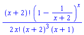 (1/2)*factorial(x+2)*(1-1/(x+2))^x/(factorial(x)*(x+2)^3*(x+1))