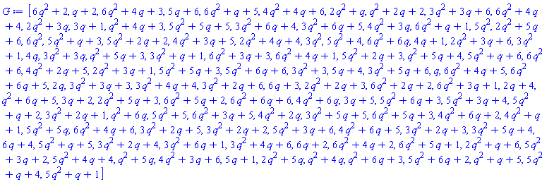 [6*q^2+2, q+2, 6*q^2+4*q+3, 5*q+6, 6*q^2+q+5, 4*q^2+4*q+6, 2*q^2+q, q^2+2*q+2, 3*q^2+3*q+6, 6*q^2+4*q+4, 2*q^2+3*q, 3*q+1, q^2+4*q+3, 5*q^2+5*q+5, 3*q^2+6*q+4, 3*q^2+6*q+5, 4*q^2+3*q, 6*q^2+q+1, 5*q^2, 2*q^2+5*q+6, 6*q^2, 5*q^2+q+3, 5*q^2+2*q+2, 4*q^2+3*q+5, 2*q^2+4*q+4, 3*q^2, 5*q^2+4, 6*q^2+6*q, 4*q+1, 2*q^2+3*q+6, 3*q^2+1, 4*q, 3*q^2+3*q, q^2+5*q+3, 3*q^2+q+1, 6*q^2+3*q+3, 6*q^2+4*q+1, 5*q^2+2*q+3, q^2+5*q+4, 5*q^2+q+6, 6*q^2+6, 4*q^2+2*q+5, 2*q^2+3*q+1, 5*q^2+5*q+3, 5*q^2+6*q+6, 3*q^2+3, 5*q+4, 3*q^2+5*q+6, q, 6*q^2+4*q+5, 6*q^2+6*q+5, 2*q, 3*q^2+3*q+3, 3*q^2+4*q+4, 3*q^2+2*q+6, 6*q+3, 2*q^2+2*q+3, 6*q^2+2*q+2, 6*q^2+3*q+1, 2*q+4, q^2+6*q+5, 3*q+2, 2*q^2+5*q+3, 6*q^2+5*q+2, 6*q^2+6*q+6, 4*q^2+6*q, 3*q+5, 5*q^2+6*q+3, 5*q^2+3*q+4, 5*q^2+q+2, 3*q^2+2*q+1, q^2+6*q, 5*q^2+5, 6*q^2+3*q+5, 4*q^2+2*q, 3*q^2+5*q+5, 6*q^2+5*q+3, 4*q^2+6*q+2, 4*q^2+q+1, 5*q^2+5*q, 6*q^2+4*q+6, 3*q^2+2*q+5, 3*q^2+2*q+2, 5*q^2+3*q+6, 4*q^2+6*q+5, 3*q^2+2*q+3, 3*q^2+5*q+4, 6*q+4, 5*q^2+q+5, 3*q^2+2*q+4, 3*q^2+6*q+1, 3*q^2+4*q+6, 6*q+2, 6*q^2+4*q+2, 6*q^2+5*q+1, 2*q^2+q+6, 5*q^2+3*q+2, 5*q^2+4*q+4, q^2+5*q, 4*q^2+3*q+6, 5*q+1, 2*q^2+5*q, q^2+4*q, q^2+6*q+3, 5*q^2+6*q+2, q^2+q+5, 5*q^2+q+4, 5*q^2+q+1]