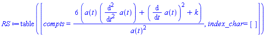 table( [( compts ) = 6*(a(t)*(diff(diff(a(t), t), t))+(diff(a(t), t))^2+k)/a(t)^2, ( index_char ) = [] ] )