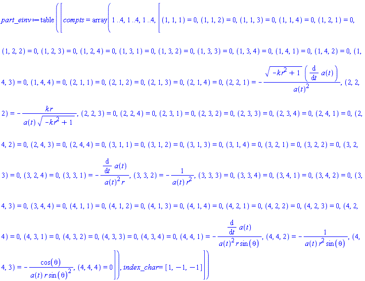 table( [( compts ) = array( 1 .. 4, 1 .. 4, 1 .. 4, [( 1, 4, 1 ) = (0), ( 3, 3, 1 ) = (-(diff(a(t), t))/(a(t)^2*r)), ( 3, 1, 2 ) = (0), ( 1, 2, 2 ) = (0), ( 2, 2, 4 ) = (0), ( 2, 4, 2 ) = (0), ( 1, 3, 4 ) = (0), ( 3, 2, 2 ) = (0), ( 2, 2, 2 ) = (-k*r/(a(t)*(-k*r^2+1)^(1/2))), ( 3, 4, 2 ) = (0), ( 3, 2, 1 ) = (0), ( 1, 1, 2 ) = (0), ( 1, 4, 3 ) = (0), ( 2, 4, 4 ) = (0), ( 3, 2, 4 ) = (0), ( 2, 3, 1 ) = (0), ( 2, 2, 1 ) = (-(-k*r^2+1)^(1/2)*(diff(a(t), t))/a(t)^2), ( 1, 2, 4 ) = (0), ( 1, 4, 4 ) = (0), ( 4, 1, 4 ) = (0), ( 3, 4, 3 ) = (0), ( 1, 4, 2 ) = (0), ( 2, 1, 2 ) = (0), ( 1, 1, 3 ) = (0), ( 1, 2, 3 ) = (0), ( 1, 1, 4 ) = (0), ( 4, 1, 3 ) = (0), ( 4, 4, 1 ) = (-(diff(a(t), t))/(a(t)^2*r*sin(theta))), ( 4, 2, 1 ) = (0), ( 4, 3, 4 ) = (0), ( 1, 2, 1 ) = (0), ( 4, 3, 3 ) = (0), ( 4, 4, 2 ) = (-1/(a(t)*r^2*sin(theta))), ( 3, 4, 1 ) = (0), ( 1, 3, 3 ) = (0), ( 3, 1, 4 ) = (0), ( 2, 3, 3 ) = (0), ( 2, 4, 3 ) = (0), ( 2, 2, 3 ) = (0), ( 3, 3, 2 ) = (-1/(a(t)*r^2)), ( 2, 1, 4 ) = (0), ( 4, 3, 2 ) = (0), ( 3, 1, 3 ) = (0), ( 1, 3, 1 ) = (0), ( 4, 3, 1 ) = (0), ( 3, 3, 3 ) = (0), ( 2, 1, 3 ) = (0), ( 4, 2, 2 ) = (0), ( 2, 3, 2 ) = (0), ( 4, 2, 4 ) = (0), ( 2, 3, 4 ) = (0), ( 3, 2, 3 ) = (0), ( 4, 2, 3 ) = (0), ( 4, 4, 4 ) = (0), ( 3, 4, 4 ) = (0), ( 4, 1, 1 ) = (0), ( 2, 1, 1 ) = (0), ( 4, 4, 3 ) = (-cos(theta)/(a(t)*r*sin(theta)^2)), ( 3, 1, 1 ) = (0), ( 1, 3, 2 ) = (0), ( 3, 3, 4 ) = (0), ( 2, 4, 1 ) = (0), ( 1, 1, 1 ) = (0), ( 4, 1, 2 ) = (0)  ] ), ( index_char ) = [1, -1, -1] ] )