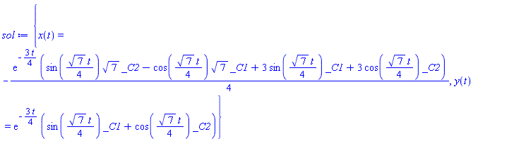{x(t) = -(1/4)*exp(-(3/4)*t)*(sin((1/4)*7^(1/2)*t)*7^(1/2)*_C2-cos((1/4)*7^(1/2)*t)*7^(1/2)*_C1+3*sin((1/4)*7^(1/2)*t)*_C1+3*cos((1/4)*7^(1/2)*t)*_C2), y(t) = exp(-(3/4)*t)*(sin((1/4)*7^(1/2)*t)*_C1+cos((1/4)*7^(1/2)*t)*_C2)}