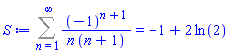 Sum((-1)^(n+1)/(n*(n+1)), n = 1 .. infinity) = -1+2*ln(2)