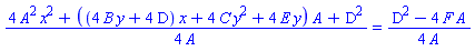 (1/4)*(4*A^2*x^2+((4*B*y+4*D)*x+4*C*y^2+4*E*y)*A+D^2)/A = (1/4)*(D^2-4*F*A)/A