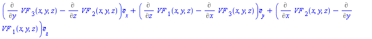 Vector(3, {(1) = Diff(`VF `[3](x, y, z), y)-(Diff(`VF `[2](x, y, z), z)), (2) = Diff(`VF `[1](x, y, z), z)-(Diff(`VF `[3](x, y, z), x)), (3) = Diff(`VF `[2](x, y, z), x)-(Diff(`VF `[1](x, y, z), y))})