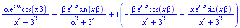 alpha*exp(x*alpha)*cos(x*beta)/(alpha^2+beta^2)+beta*exp(x*alpha)*sin(x*beta)/(alpha^2+beta^2)+I*(-beta*exp(x*alpha)*cos(x*beta)/(alpha^2+beta^2)+alpha*exp(x*alpha)*sin(x*beta)/(alpha^2+beta^2))