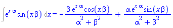 Int(exp(x*alpha)*sin(x*beta), x) = -beta*exp(x*alpha)*cos(x*beta)/(alpha^2+beta^2)+alpha*exp(x*alpha)*sin(x*beta)/(alpha^2+beta^2)