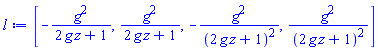 [-g^2/(2*g*z+1), g^2/(2*g*z+1), -g^2/(2*g*z+1)^2, g^2/(2*g*z+1)^2]