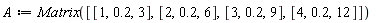 A := Matrix([[1, .2, 3], [2, .2, 6], [3, .2, 9], [4, .2, 12]])