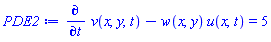 diff(v(x, y, t), t)-w(x, y)*u(x, t) = 5
