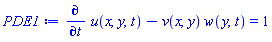diff(u(x, y, t), t)-v(x, y)*w(y, t) = 1