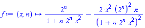 proc (x, n) options operator, arrow; 2^n/(1+n*2^n*x^2)-2*x^2*(2^n)^2*n/(1+n*2^n*x^2)^2 end proc