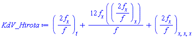 diff(2*(diff(f(x, t), x))/f(x, t), t)+12*(diff(f(x, t), x))*(diff(2*(diff(f(x, t), x))/f(x, t), x))/f(x, t)+diff(diff(diff(2*(diff(f(x, t), x))/f(x, t), x), x), x)