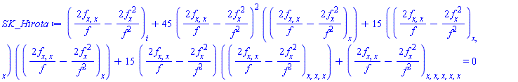 diff(2*(diff(diff(f(x, t), x), x))/f(x, t)-2*(diff(f(x, t), x))^2/f(x, t)^2, t)+45*(2*(diff(diff(f(x, t), x), x))/f(x, t)-2*(diff(f(x, t), x))^2/f(x, t)^2)^2*(diff(2*(diff(diff(f(x, t), x), x))/f(x, t)-2*(diff(f(x, t), x))^2/f(x, t)^2, x))+15*(diff(diff(2*(diff(diff(f(x, t), x), x))/f(x, t)-2*(diff(f(x, t), x))^2/f(x, t)^2, x), x))*(diff(2*(diff(diff(f(x, t), x), x))/f(x, t)-2*(diff(f(x, t), x))^2/f(x, t)^2, x))+15*(2*(diff(diff(f(x, t), x), x))/f(x, t)-2*(diff(f(x, t), x))^2/f(x, t)^2)*(diff(diff(diff(2*(diff(diff(f(x, t), x), x))/f(x, t)-2*(diff(f(x, t), x))^2/f(x, t)^2, x), x), x))+diff(diff(diff(diff(diff(2*(diff(diff(f(x, t), x), x))/f(x, t)-2*(diff(f(x, t), x))^2/f(x, t)^2, x), x), x), x), x) = 0