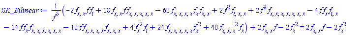 (-2*(diff(diff(f(x, t), x), x))*f(x, t)*(diff(f(x, t), t))+18*(diff(diff(f(x, t), x), x))*f(x, t)*(diff(diff(diff(diff(diff(f(x, t), x), x), x), x), x))-60*(diff(diff(diff(diff(f(x, t), x), x), x), x))*(diff(f(x, t), x))*(diff(diff(f(x, t), x), x))+2*f(x, t)^2*(diff(diff(diff(f(x, t), t), x), x))+2*f(x, t)^2*(diff(diff(diff(diff(diff(diff(diff(f(x, t), x), x), x), x), x), x), x))-4*f(x, t)*(diff(f(x, t), x))*(diff(diff(f(x, t), t), x))-14*f(x, t)*(diff(f(x, t), x))*(diff(diff(diff(diff(diff(diff(f(x, t), x), x), x), x), x), x))-10*f(x, t)*(diff(diff(diff(diff(f(x, t), x), x), x), x))*(diff(diff(diff(f(x, t), x), x), x))+4*(diff(f(x, t), x))^2*(diff(f(x, t), t))+24*(diff(diff(diff(diff(diff(f(x, t), x), x), x), x), x))*(diff(f(x, t), x))^2+40*(diff(diff(diff(f(x, t), x), x), x))^2*(diff(f(x, t), x)))/f(x, t)^5+2*(diff(diff(f(x, t), x), x))*f(x, t)-2*(diff(f(x, t), x))^2 = 2*(diff(diff(f(x, t), x), x))*f(x, t)-2*(diff(f(x, t), x))^2