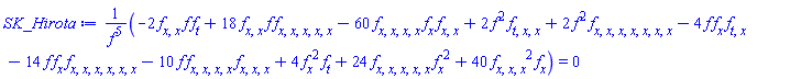 (-2*(diff(diff(f(x, t), x), x))*f(x, t)*(diff(f(x, t), t))+18*(diff(diff(f(x, t), x), x))*f(x, t)*(diff(diff(diff(diff(diff(f(x, t), x), x), x), x), x))-60*(diff(diff(diff(diff(f(x, t), x), x), x), x))*(diff(f(x, t), x))*(diff(diff(f(x, t), x), x))+2*f(x, t)^2*(diff(diff(diff(f(x, t), t), x), x))+2*f(x, t)^2*(diff(diff(diff(diff(diff(diff(diff(f(x, t), x), x), x), x), x), x), x))-4*f(x, t)*(diff(f(x, t), x))*(diff(diff(f(x, t), t), x))-14*f(x, t)*(diff(f(x, t), x))*(diff(diff(diff(diff(diff(diff(f(x, t), x), x), x), x), x), x))-10*f(x, t)*(diff(diff(diff(diff(f(x, t), x), x), x), x))*(diff(diff(diff(f(x, t), x), x), x))+4*(diff(f(x, t), x))^2*(diff(f(x, t), t))+24*(diff(diff(diff(diff(diff(f(x, t), x), x), x), x), x))*(diff(f(x, t), x))^2+40*(diff(diff(diff(f(x, t), x), x), x))^2*(diff(f(x, t), x)))/f(x, t)^5 = 0