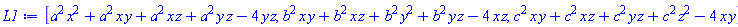 [a^2*x^2+a^2*x*y+a^2*x*z+a^2*y*z-4*y*z, b^2*x*y+b^2*x*z+b^2*y^2+b^2*y*z-4*x*z, c^2*x*y+c^2*x*z+c^2*y*z+c^2*z^2-4*x*y]