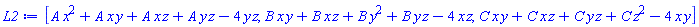 [A*x^2+A*x*y+A*x*z+A*y*z-4*y*z, B*x*y+B*x*z+B*y^2+B*y*z-4*x*z, C*x*y+C*x*z+C*y*z+C*z^2-4*x*y]