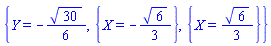 {Y = -(1/6)*30^(1/2), {X = -(1/3)*6^(1/2)}, {X = (1/3)*6^(1/2)}}