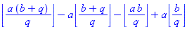 floor(a*(b+q)/q)-a*floor((b+q)/q)-floor(a*b/q)+a*floor(b/q)