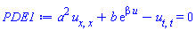 a^2*(diff(diff(u(x, t), x), x))+b*exp(beta*u(x, t))-(diff(diff(u(x, t), t), t)) = 0