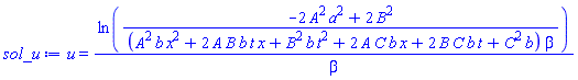 u(x, t) = ln((-2*A^2*a^2+2*B^2)/((A^2*b*x^2+2*A*B*b*t*x+B^2*b*t^2+2*A*C*b*x+2*B*C*b*t+C^2*b)*beta))/beta