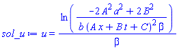 u(x, t) = ln((-2*A^2*a^2+2*B^2)/(b*(A*x+B*t+C)^2*beta))/beta
