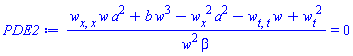 ((diff(diff(w(x, t), x), x))*w(x, t)*a^2+b*w(x, t)^3-(diff(w(x, t), x))^2*a^2-(diff(diff(w(x, t), t), t))*w(x, t)+(diff(w(x, t), t))^2)/(w(x, t)^2*beta) = 0