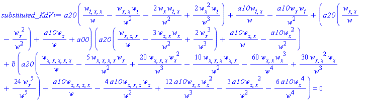 a20*((diff(diff(diff(w(x, t), t), x), x))/w(x, t)-(diff(diff(w(x, t), x), x))*(diff(w(x, t), t))/w(x, t)^2-2*(diff(w(x, t), x))*(diff(diff(w(x, t), t), x))/w(x, t)^2+2*(diff(w(x, t), x))^2*(diff(w(x, t), t))/w(x, t)^3)+a10*(diff(diff(w(x, t), t), x))/w(x, t)-a10*(diff(w(x, t), x))*(diff(w(x, t), t))/w(x, t)^2+(a20*((diff(diff(w(x, t), x), x))/w(x, t)-(diff(w(x, t), x))^2/w(x, t)^2)+a10*(diff(w(x, t), x))/w(x, t)+a00)*(a20*((diff(diff(diff(w(x, t), x), x), x))/w(x, t)-3*(diff(diff(w(x, t), x), x))*(diff(w(x, t), x))/w(x, t)^2+2*(diff(w(x, t), x))^3/w(x, t)^3)+a10*(diff(diff(w(x, t), x), x))/w(x, t)-a10*(diff(w(x, t), x))^2/w(x, t)^2)+delta*(a20*((diff(diff(diff(diff(diff(w(x, t), x), x), x), x), x))/w(x, t)-5*(diff(diff(diff(diff(w(x, t), x), x), x), x))*(diff(w(x, t), x))/w(x, t)^2+20*(diff(diff(diff(w(x, t), x), x), x))*(diff(w(x, t), x))^2/w(x, t)^3-10*(diff(diff(diff(w(x, t), x), x), x))*(diff(diff(w(x, t), x), x))/w(x, t)^2-60*(diff(diff(w(x, t), x), x))*(diff(w(x, t), x))^3/w(x, t)^4+30*(diff(diff(w(x, t), x), x))^2*(diff(w(x, t), x))/w(x, t)^3+24*(diff(w(x, t), x))^5/w(x, t)^5)+a10*(diff(diff(diff(diff(w(x, t), x), x), x), x))/w(x, t)-4*a10*(diff(diff(diff(w(x, t), x), x), x))*(diff(w(x, t), x))/w(x, t)^2+12*a10*(diff(diff(w(x, t), x), x))*(diff(w(x, t), x))^2/w(x, t)^3-3*a10*(diff(diff(w(x, t), x), x))^2/w(x, t)^2-6*a10*(diff(w(x, t), x))^4/w(x, t)^4) = 0