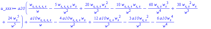 a20*((diff(diff(diff(diff(diff(w(x, t), x), x), x), x), x))/w(x, t)-5*(diff(diff(diff(diff(w(x, t), x), x), x), x))*(diff(w(x, t), x))/w(x, t)^2+20*(diff(diff(diff(w(x, t), x), x), x))*(diff(w(x, t), x))^2/w(x, t)^3-10*(diff(diff(diff(w(x, t), x), x), x))*(diff(diff(w(x, t), x), x))/w(x, t)^2-60*(diff(diff(w(x, t), x), x))*(diff(w(x, t), x))^3/w(x, t)^4+30*(diff(diff(w(x, t), x), x))^2*(diff(w(x, t), x))/w(x, t)^3+24*(diff(w(x, t), x))^5/w(x, t)^5)+a10*(diff(diff(diff(diff(w(x, t), x), x), x), x))/w(x, t)-4*a10*(diff(diff(diff(w(x, t), x), x), x))*(diff(w(x, t), x))/w(x, t)^2+12*a10*(diff(diff(w(x, t), x), x))*(diff(w(x, t), x))^2/w(x, t)^3-3*a10*(diff(diff(w(x, t), x), x))^2/w(x, t)^2-6*a10*(diff(w(x, t), x))^4/w(x, t)^4