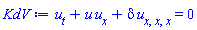 diff(u(x, t), t)+u(x, t)*(diff(u(x, t), x))+delta*(diff(diff(diff(u(x, t), x), x), x)) = 0