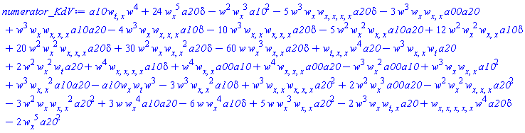 -w(x, t)^2*(diff(w(x, t), x))^3*a10^2+24*(diff(w(x, t), x))^5*a20*delta+(diff(diff(diff(diff(diff(w(x, t), x), x), x), x), x))*w(x, t)^4*a20*delta-a10*(diff(w(x, t), x))*(diff(w(x, t), t))*w(x, t)^3-2*(diff(w(x, t), x))^5*a20^2-5*w(x, t)^3*(diff(w(x, t), x))*(diff(diff(diff(diff(w(x, t), x), x), x), x))*a20*delta-3*w(x, t)^3*(diff(w(x, t), x))*(diff(diff(w(x, t), x), x))*a00*a20+w(x, t)^3*(diff(w(x, t), x))*(diff(diff(diff(w(x, t), x), x), x))*a10*a20-4*w(x, t)^3*(diff(w(x, t), x))*(diff(diff(diff(w(x, t), x), x), x))*a10*delta-10*w(x, t)^3*(diff(diff(w(x, t), x), x))*(diff(diff(diff(w(x, t), x), x), x))*a20*delta-5*w(x, t)^2*(diff(w(x, t), x))^2*(diff(diff(w(x, t), x), x))*a10*a20+12*w(x, t)^2*(diff(w(x, t), x))^2*(diff(diff(w(x, t), x), x))*a10*delta+20*w(x, t)^2*(diff(w(x, t), x))^2*(diff(diff(diff(w(x, t), x), x), x))*a20*delta+30*w(x, t)^2*(diff(w(x, t), x))*(diff(diff(w(x, t), x), x))^2*a20*delta-60*w(x, t)*(diff(w(x, t), x))^3*(diff(diff(w(x, t), x), x))*a20*delta-3*w(x, t)^3*(diff(diff(w(x, t), x), x))^2*a10*delta+w(x, t)^3*(diff(diff(w(x, t), x), x))*(diff(diff(diff(w(x, t), x), x), x))*a20^2+2*w(x, t)^2*(diff(w(x, t), x))^3*a00*a20-w(x, t)^2*(diff(w(x, t), x))^2*(diff(diff(diff(w(x, t), x), x), x))*a20^2-3*w(x, t)^2*(diff(w(x, t), x))*(diff(diff(w(x, t), x), x))^2*a20^2+3*w(x, t)*(diff(w(x, t), x))^4*a10*a20-6*w(x, t)*(diff(w(x, t), x))^4*a10*delta+5*w(x, t)*(diff(w(x, t), x))^3*(diff(diff(w(x, t), x), x))*a20^2-2*w(x, t)^3*(diff(w(x, t), x))*(diff(diff(w(x, t), t), x))*a20-w(x, t)^3*(diff(diff(w(x, t), x), x))*(diff(w(x, t), t))*a20+2*w(x, t)^2*(diff(w(x, t), x))^2*(diff(w(x, t), t))*a20+w(x, t)^4*(diff(diff(diff(diff(w(x, t), x), x), x), x))*a10*delta+w(x, t)^4*(diff(diff(w(x, t), x), x))*a00*a10+w(x, t)^4*(diff(diff(diff(w(x, t), x), x), x))*a00*a20-w(x, t)^3*(diff(w(x, t), x))^2*a00*a10+w(x, t)^3*(diff(w(x, t), x))*(diff(diff(w(x, t), x), x))*a10^2+w(x, t)^3*(diff(diff(w(x, t), x), x))^2*a10*a20+(diff(diff(diff(w(x, t), t), x), x))*w(x, t)^4*a20+a10*(diff(diff(w(x, t), t), x))*w(x, t)^4
