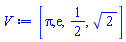 V := [Pi, exp(1), 1/2, sqrt(2)]