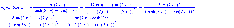 -4*sin(2*x)/(cosh(2*y)-cos(2*x))-12*cos(2*x)*sin(2*x)/(cosh(2*y)-cos(2*x))^2+8*sin(2*x)^3/(cosh(2*y)-cos(2*x))^3+8*sin(2*x)*sinh(2*y)^2/(cosh(2*y)-cos(2*x))^3-4*sin(2*x)*cosh(2*y)/(cosh(2*y)-cos(2*x))^2