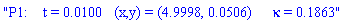 "P1:    t = 0.0100   (x,y) = (4.9998, 0.0506)   &kappa; = 0.1863"
