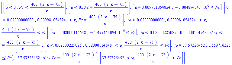 [[upsilon < 0., Pc < 400.*(2.*upsilon-75.)/upsilon], [upsilon < 0., Pc = 400.*(2.*upsilon-75.)/upsilon], [upsilon = 0.9981054824e-2, -3004894.341 <= Pc], [upsilon < 0.2000000000e-1, 0.9981054824e-2 < upsilon, Pc = 400.*(2.*upsilon-75.)/upsilon], [upsilon < 0.2000000000e-1, 0.9981054824e-2 < upsilon, 400.*(2.*upsilon-75.)/upsilon < Pc], [upsilon = 0.2000114548e-1, -1499114.094 <= Pc], [upsilon < 0.2000225025e-1, 0.2000114548e-1 < upsilon, Pc = 400.*(2.*upsilon-75.)/upsilon], [upsilon < 0.2000225025e-1, 0.2000114548e-1 < upsilon, 400.*(2.*upsilon-75.)/upsilon < Pc], [upsilon = 37.57325452, 1.559716328 <= Pc], [37.57325452 < upsilon, Pc = 400.*(2.*upsilon-75.)/upsilon], [37.57325452 < upsilon, 400.*(2.*upsilon-75.)/upsilon < Pc]]