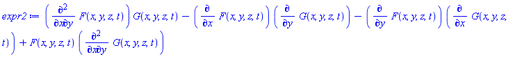 (diff(diff(F(x, y, z, t), x), y))*G(x, y, z, t)-(diff(F(x, y, z, t), x))*(diff(G(x, y, z, t), y))-(diff(F(x, y, z, t), y))*(diff(G(x, y, z, t), x))+F(x, y, z, t)*(diff(diff(G(x, y, z, t), x), y))