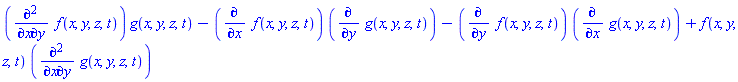 (diff(diff(f(x, y, z, t), x), y))*g(x, y, z, t)-(diff(f(x, y, z, t), x))*(diff(g(x, y, z, t), y))-(diff(f(x, y, z, t), y))*(diff(g(x, y, z, t), x))+f(x, y, z, t)*(diff(diff(g(x, y, z, t), x), y))